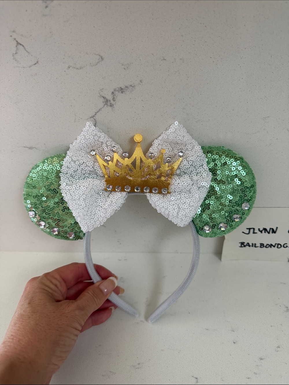 New mint green & white Sequin Ear Headband with Bow & Gold Crown Disney custom!